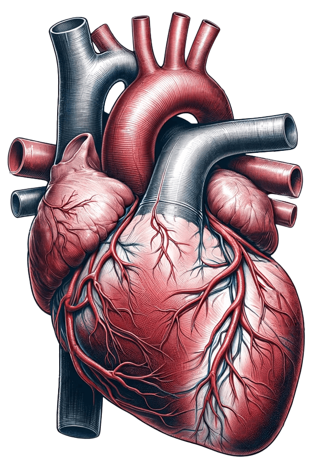 Illustration eines menschlichen Herzens im Stil eines alten Stichs aus Föhren, zeigt Herz-Kammern und große Gefäße.